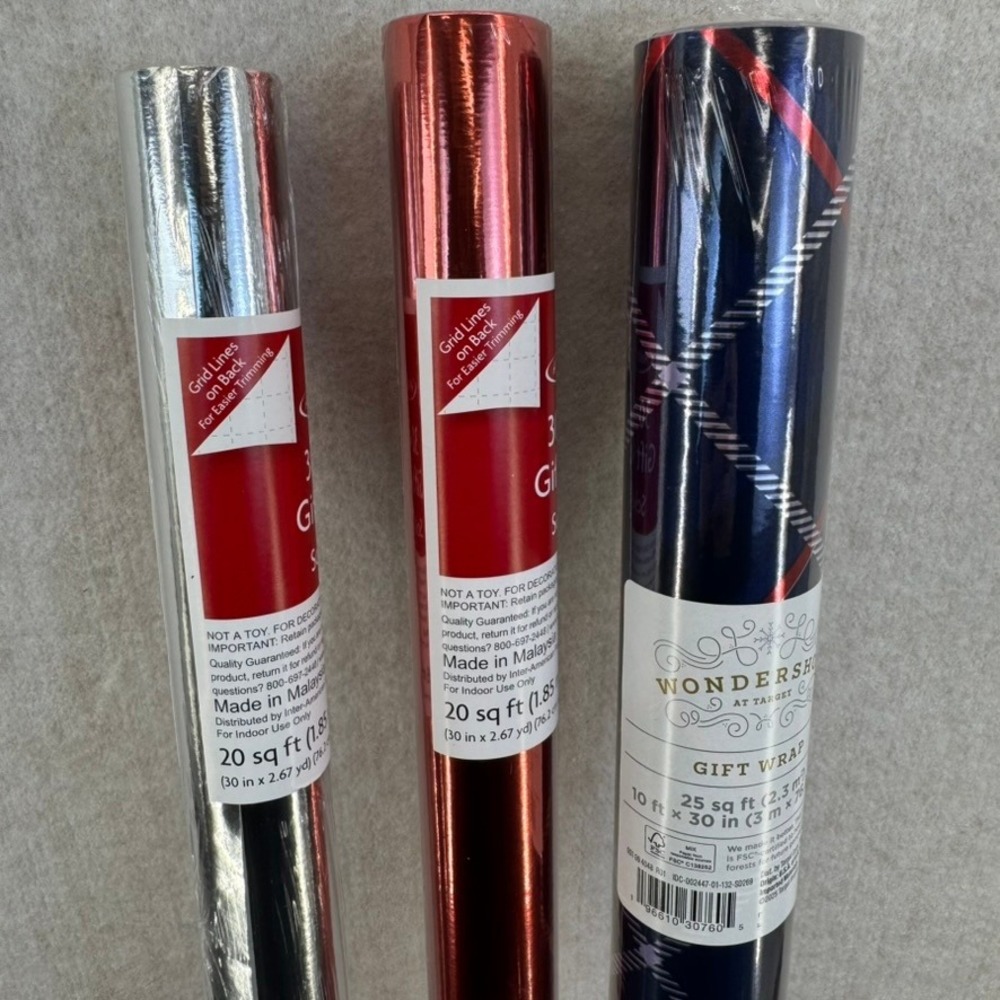 Gift Wrap Set 3 Rolls Silver Red Blue Plaid Metallic Shiny Holiday Party